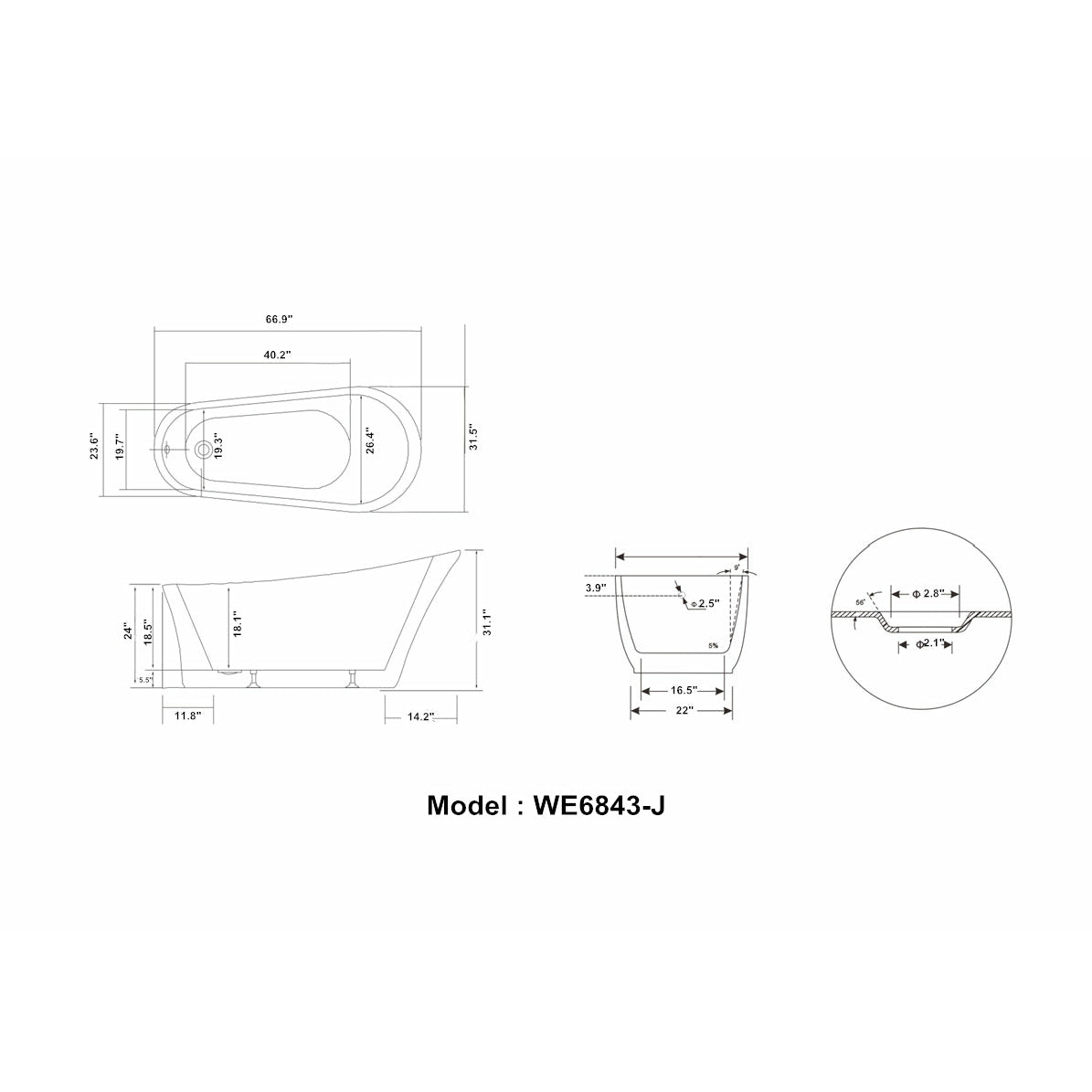 Legion Furniture 67" White Freestanding Soaking Slipper Bathtub WE6843 Specification Drawing - Vital Hydrotherapy