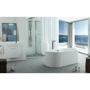 Legion Furniture 66" White Freestanding Acrylic Soaking Tub - Shape: Ellipse - With Overflow (Chrome) -located In The Center - Dimension: 66.1″ L 31″ W 22.4″ H - Faucet not included - Top View - Lifestyle setting - WE6847 - Vital Hydrotherapy