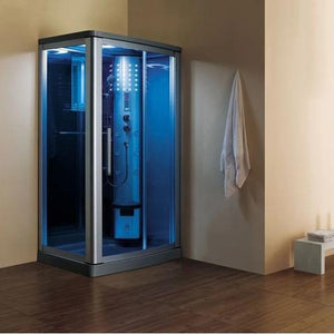 Mesa 802L Steam Shower tempered blue glass, nickel interior control panel with adjustable handheld shower head, foldable corner seat, towel bar, and a blue LED lighting right configuration