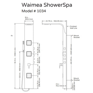 PULSE ShowerSpas Matte Brushed Stainless Steel Shower Panel - Waimea ShowerSpa 1034 Specification Drawing - Vital Hydrotherapy