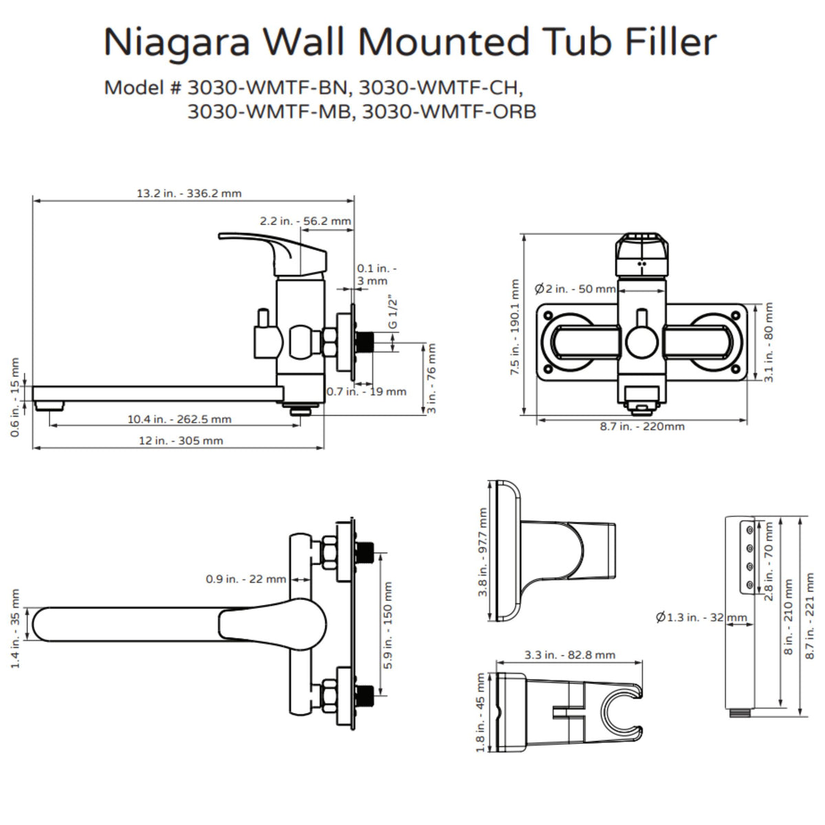 PULSE ShowerSpas Niagara Wall Mounted Tub Filler 3030-WMTF