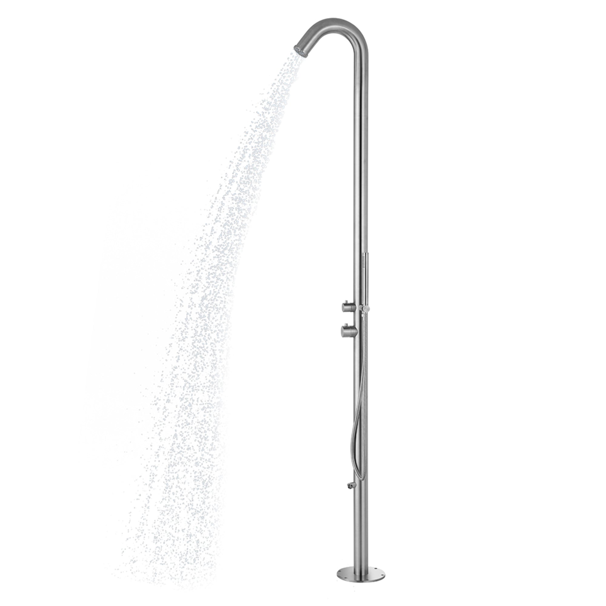 PULSE ShowerSpas Brushed Stainless Steel Outdoor Shower System - Wave Outdoor Shower - Includes an outdoor showerhead, hand shower, foot rinse spout, freestanding base and a built-in pressure balance valve - 1055-SSB - Vital Hydrotherapy