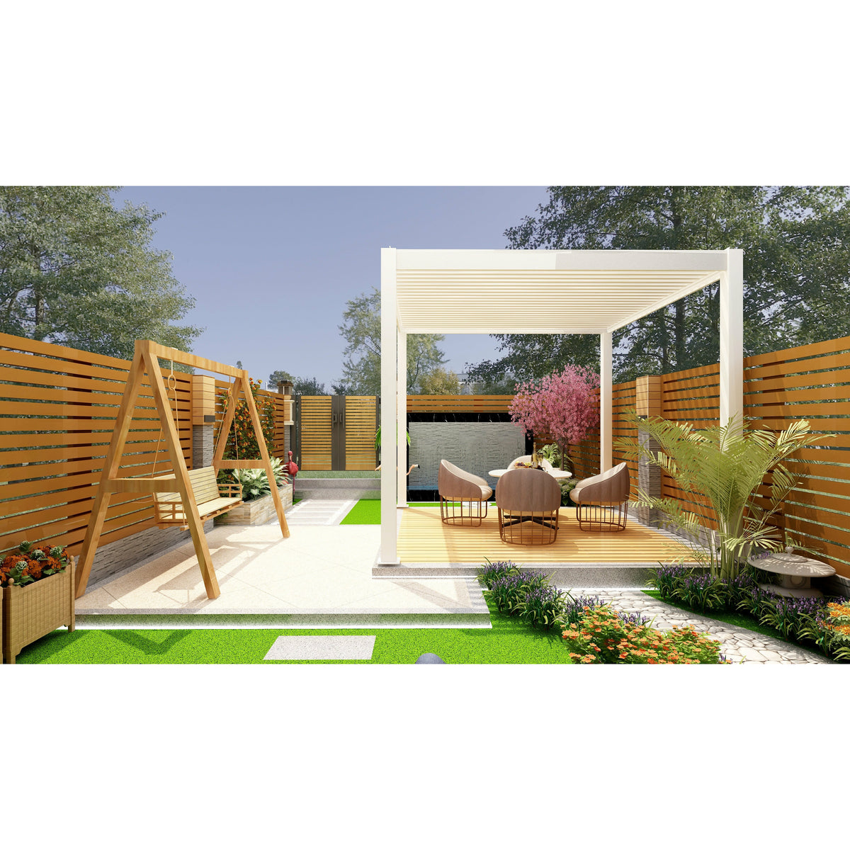 Bon Pergola Motorized Aluminum 13'x13' Villa Pergola VP-DIY-4425 - White - Lifestyle setting - Vital Hydrotherapy