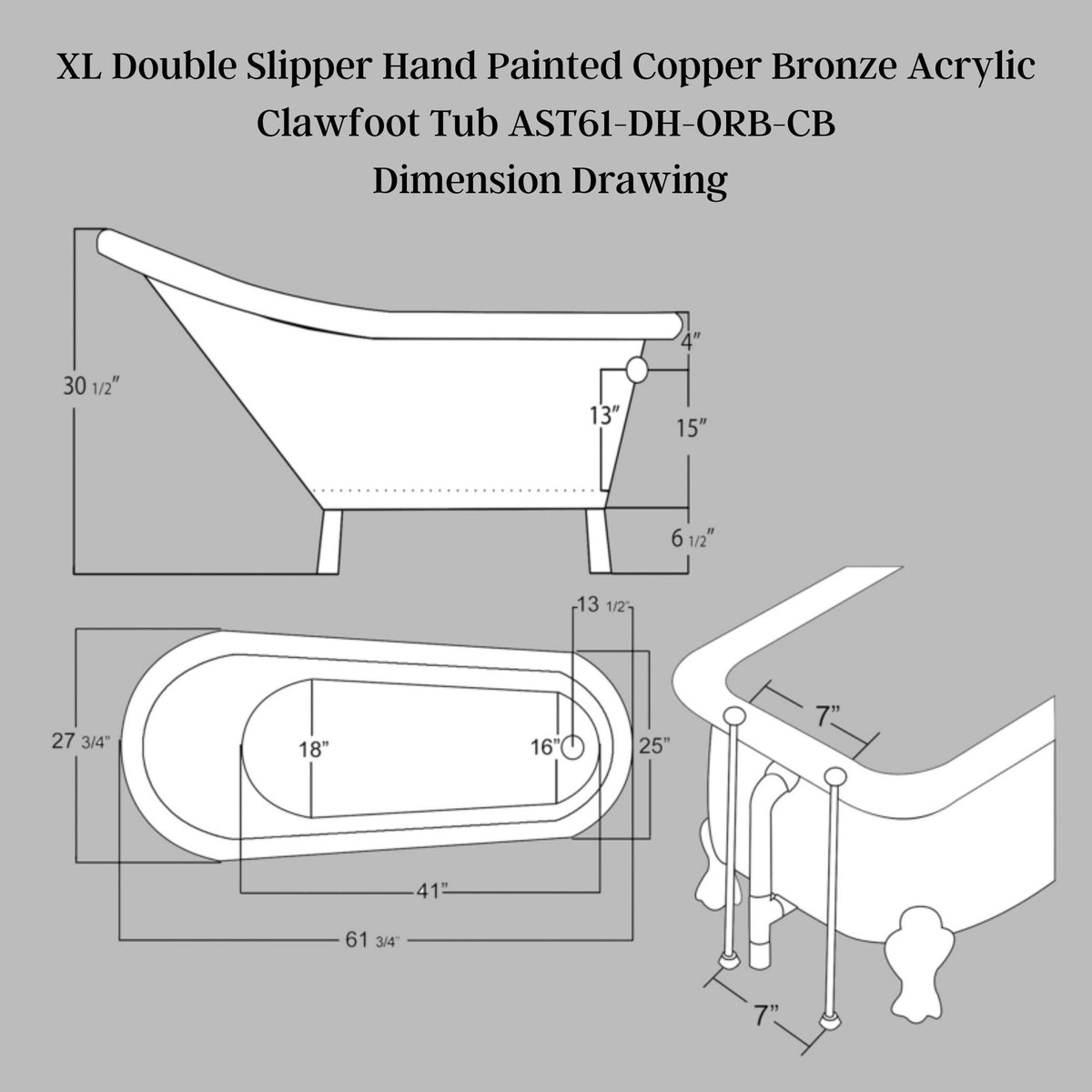 Cambridge Plumbing XL Double Slipper Hand Painted Copper Bronze Acrylic Clawfoot Tub Dimension Drawing - Vital Hydrotherapy