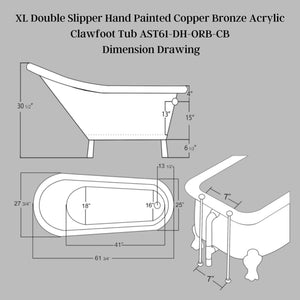 Cambridge Plumbing XL Double Slipper Hand Painted Copper Bronze Acrylic Clawfoot Tub Dimension Drawing - Vital Hydrotherapy