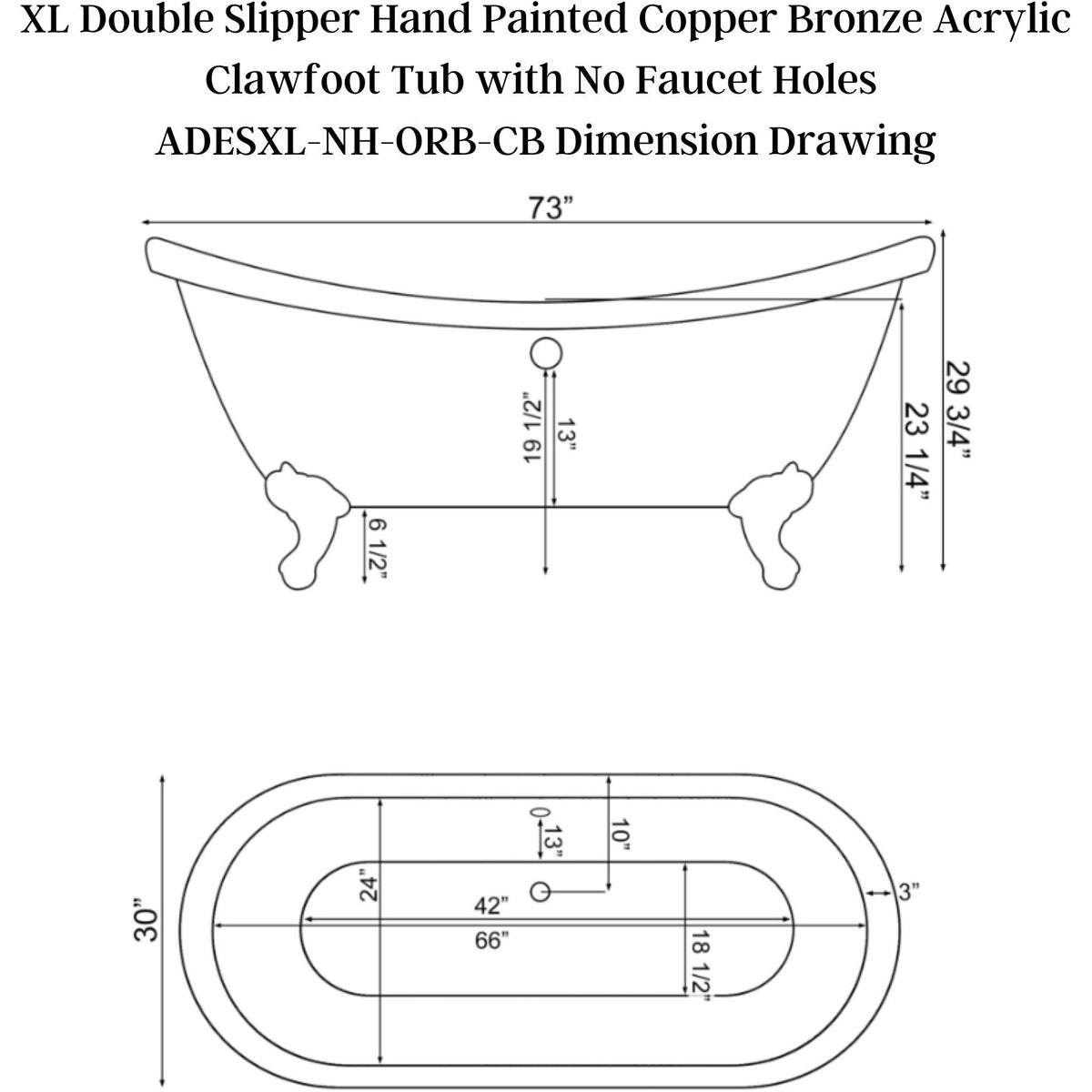 Cambridge Plumbing XL Double Slipper Hand Painted Copper Bronze Acrylic Clawfoot (Oil Rubbed Bronze) Tub with No Faucet Holes ADESXL-NH-ORB-CB - Dimension Drawing - Vital Hydrotherapy
