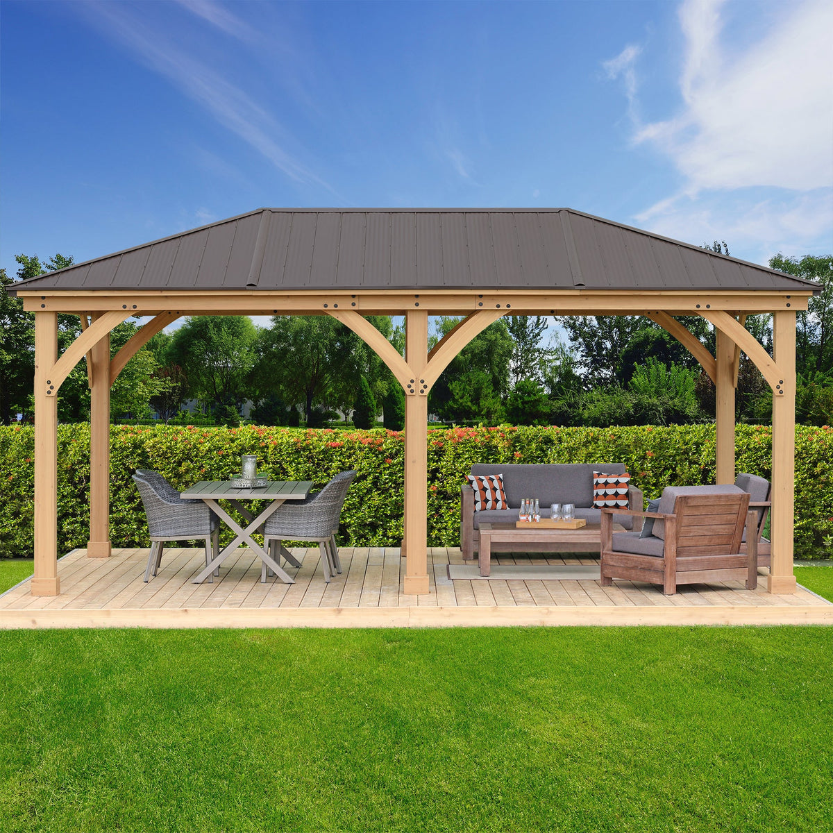 Yardistry 12 x 20 Meridian Gazebo YM11775COM - Built with 100% Premium Cedar Lumber - Pre-cut, Pre-drilled, and Pre-stained Lumber - Pre-stained Exterior Grade Cedar - Stunning Coffee Brown Aluminum Roof - Vital Hydrotherapy