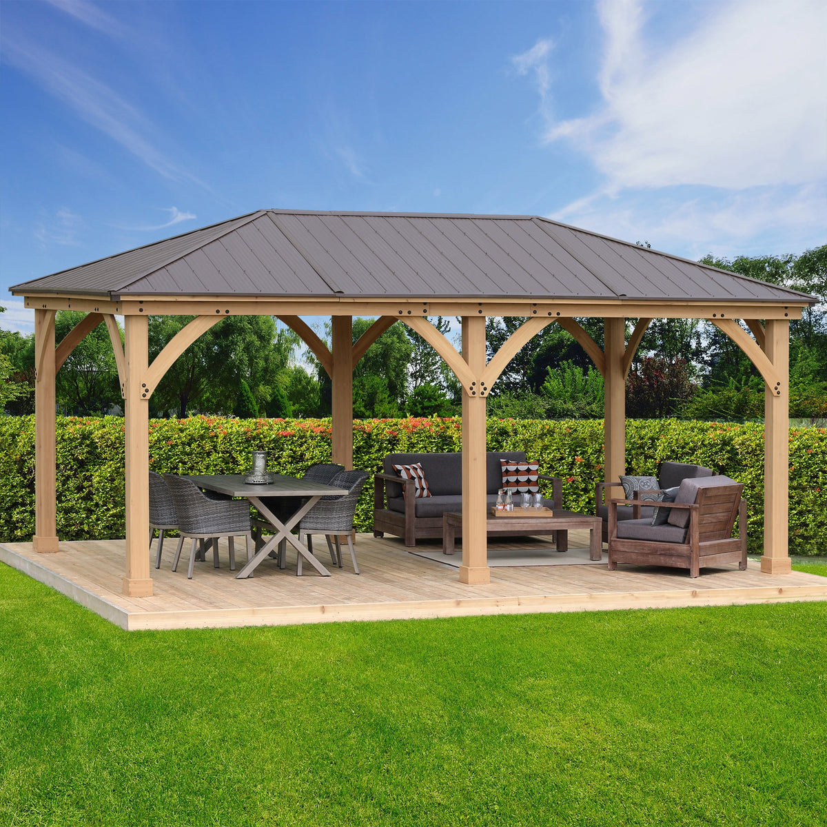 Yardistry 12 x 20 Meridian Gazebo YM11775COM - Built with 100% Premium Cedar Lumber - Pre-cut, Pre-drilled, and Pre-stained Lumber - Pre-stained Exterior Grade Cedar - Stunning Coffee Brown Aluminum Roof - Vital Hydrotherapy