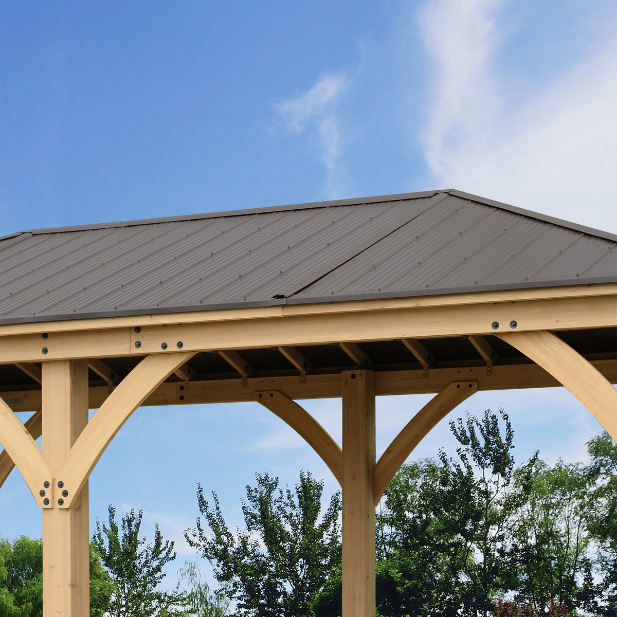 Yardistry 12 x 20 Meridian Gazebo YM11775COM - Built with 100% Premium Cedar Lumber - Pre-cut, Pre-drilled, and Pre-stained Lumber - Pre-stained Exterior Grade Cedar - Stunning Coffee Brown Aluminum Roof - Vital Hydrotherapy
