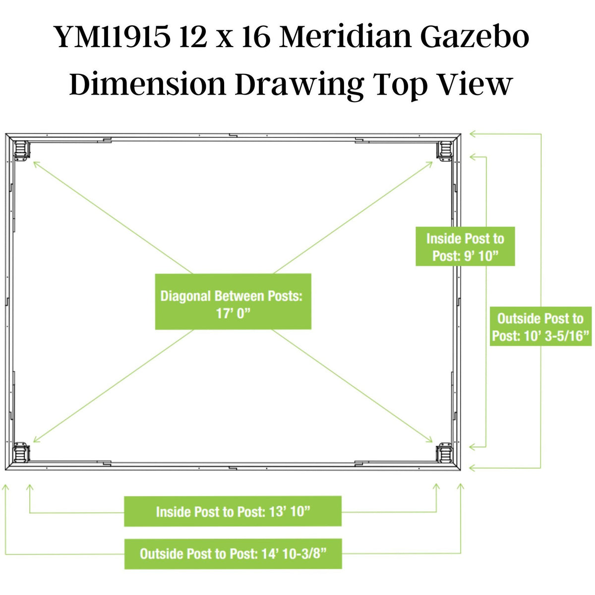 Yardistry 12 x 16 Meridian Gazebo YM11915COM - Dimension Drawing - Vital Hydrotherapy