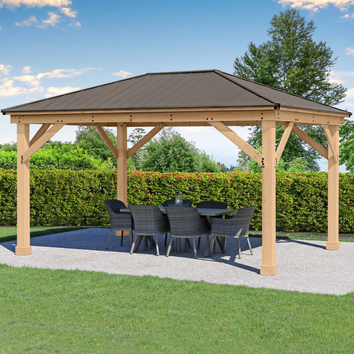 Yardistry 12 x 16 Meridian Gazebo YM11915COM - Built with 100% Premium Cedar Lumber - Pre-cut, Pre-drilled, and Pre-stained Lumber - Stunning Coffee Brown Aluminum Roof - Heavy Corner Gussets - Natural Cedar Stain - Vital Hydrotherapy