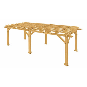 Yardistry 10 x 22 Meridian Pergola YM11932 - Multilevel Pergola With Profiled Beam and Trellis Ends - Architectural Post and Beam Detailing - Posts With Classic Plinths - Unique Gusset Design - Natural Cedar Stain Color - Vital Hydrotherapy