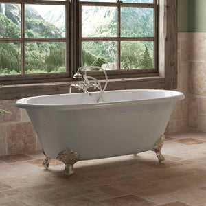 Cambridge Plumbing 60-Inch Double Ended Cast Iron Soaking Clawfoot Tub (Porcelain interior and white paint exterior) and Complete Plumbing Package - ball and claw feet (Brushed nickel) DE60-398463-PKG-NH - Vital Hydrotherapy