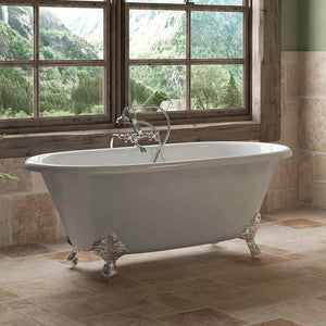 Cambridge Plumbing 60-Inch Double Ended Cast Iron Soaking Clawfoot Tub (Porcelain interior and white paint exterior) and Complete Plumbing Package - ball and claw feet (Polished chrome) DE60-398463-PKG-NH - Vital Hydrotherapy
