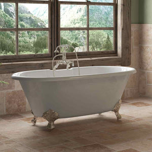 Cambridge Plumbing 66-Inch Double Ended Cast Iron Soaking Clawfoot Tub (Porcelain interior and white paint exterior) and Complete Deck Mount Plumbing Package (Brushed nickel) Lifestyle - DE67-684D-PKG-7DH - Vital Hydrotherapy
