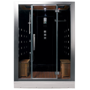 Platinum black steam shower hardwood ceiling and floor combined paired with polished nickel trim with 20 acupressure body jets, Dual Rainfall Ceiling Showers and 2 wooden seats