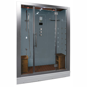 Platinum White Steam Shower white interior tempered glass door hardwood ceiling and floor combined with chrome trim with 20 Acupressure Massage Jets and 2 wooden seats