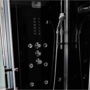 Athena Steam Shower with massage jets, handles, door handles and a shower wand inside view