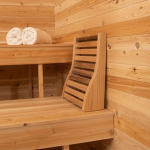 Dundalk Canadian Timber Serenity 2 to 4 person Eastern White Cedar Sauna CTC2245W - Ergonomic backrest and two white towel - Inside view - Vital Hydrotherapy