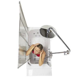 A woman bathing in a ella shower column kit for walk in tub deck mount faucets