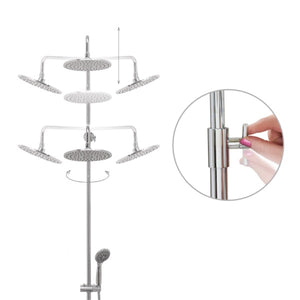 Adjustable 10″ rain shower head (rotates and pivots) in a white background