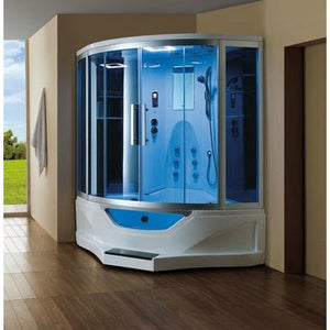 Mesa 702A Steam Shower combination steam shower with jetted tub sliding blue tinted glass with adjustable handheld showerhead, massage jets, storage rack and marble step
