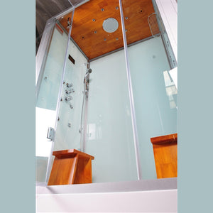 Athena steam shower in frosted white 2 person with real oak wood ceiling and floor grids and polished aluminum trim with sliding glass doors and two removable wooden stools