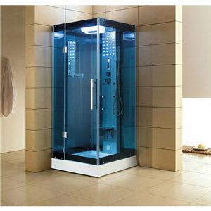 Mesa WS-303A Steam Shower tempered blue glass on all sides with a nickel interior control panel with 3KW steam generator, fluorescent blue mood lighting, storage shelves and an adjustable handheld shower head