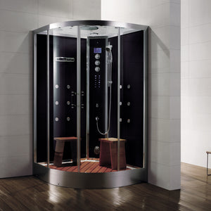Athena 2 Person Corner Steam Shower in Black | 47.2” x 47.2” x 88.6” WS-105-Black with Tempered Glass Panels, Aromatherapy System, Acupressure Massage, Chromatherapy, Deluxe Rainfall Ceiling Shower, Vitamin C Shower Filter, LED Lighting, Adjustable Handheld Showerhead and Drain with Trap - Vital Hydrotherapy
