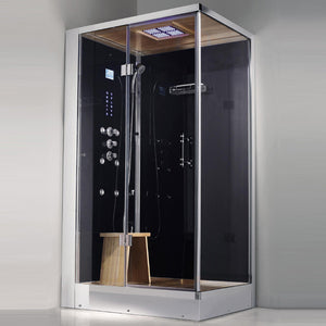 Athena steam shower with real oak wood ceiling and floor, heavy-duty hinged glass door and polished aluminum trim with a removable wooden stool