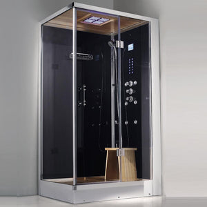 Athena steam shower with real oak wood ceiling and floor, heavy-duty hinged glass door and a removable wooden stool right configuration