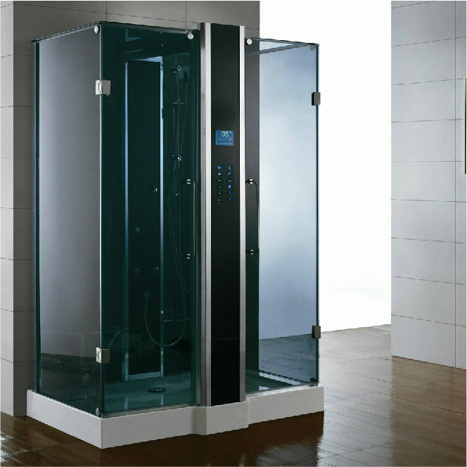 Athena steam shower with tempered blue glass surrounded by polished aluminum trim, Heavy-Duty Hinged Doors and a dual entry glass doors, 