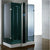 Athena steam shower with tempered blue glass surrounded by polished aluminum trim, Heavy-Duty Hinged Doors and a dual entry glass doors, 