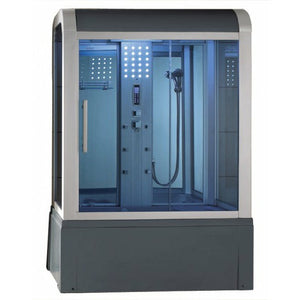 Mesa Yukon WS-501 Gray Steam Shower sleek curves and tinted blue glass with jetted tub, 3KW high output steam engine, 6 acupuncture body jets, adjustable wall-mounted shower wand, and storage shelves